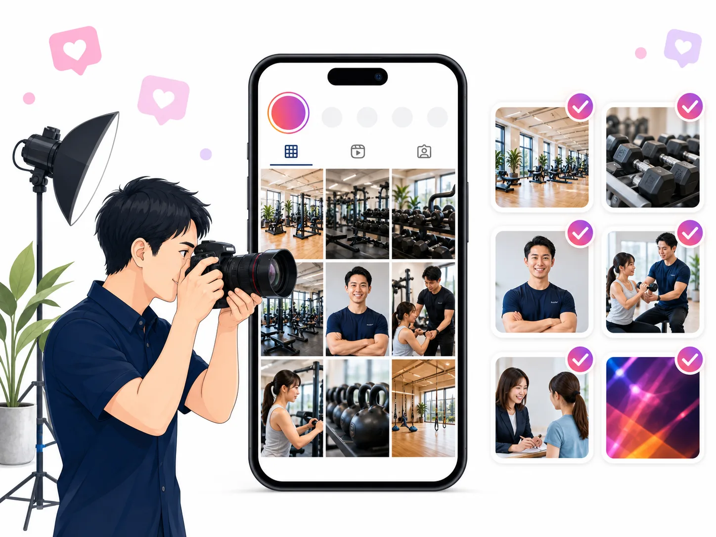 カメラマンがジムのInstagram投稿用写真を撮影し、投稿例を確認する様子