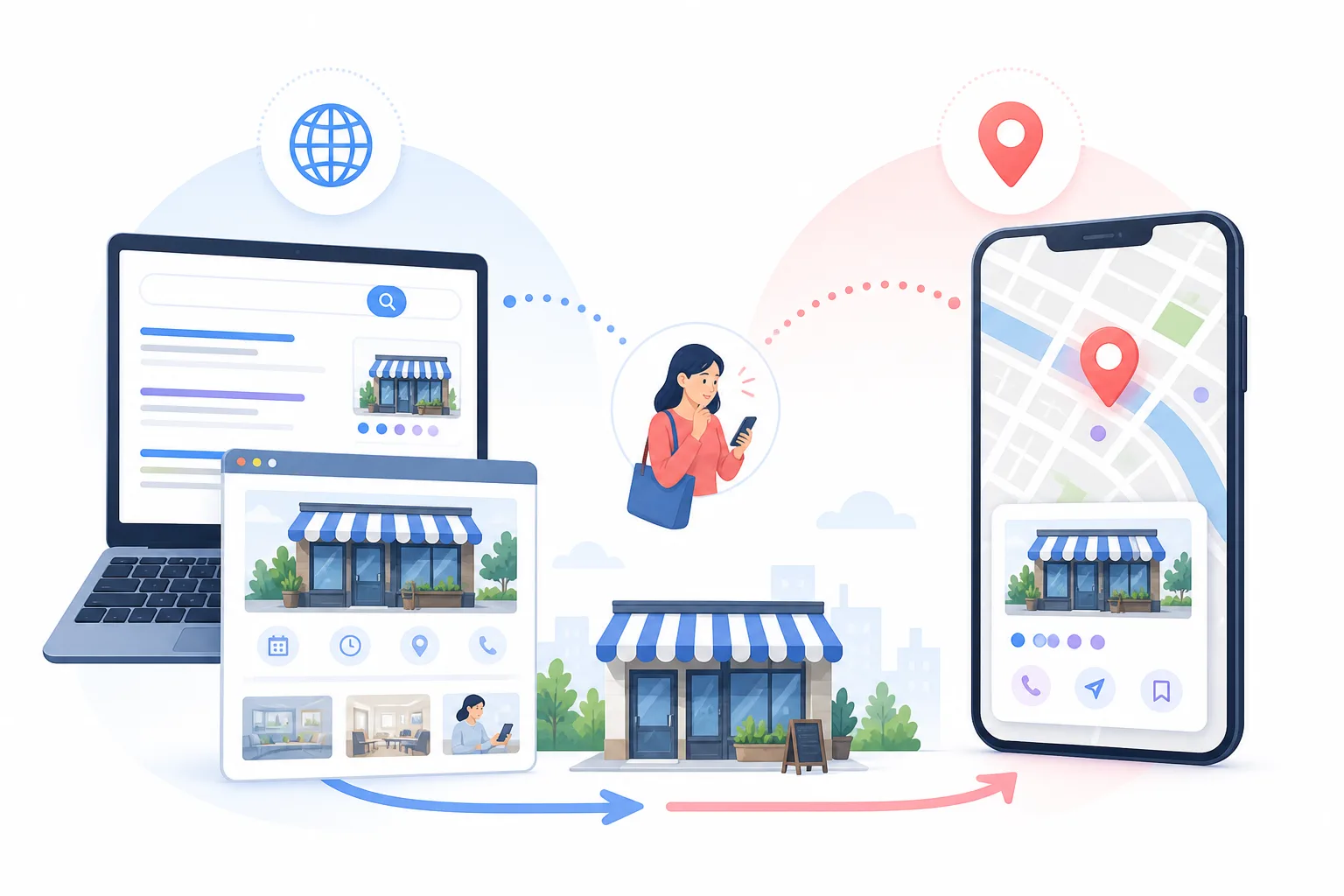 公式サイトの検索結果と地図検索から店舗へつながるイメージ