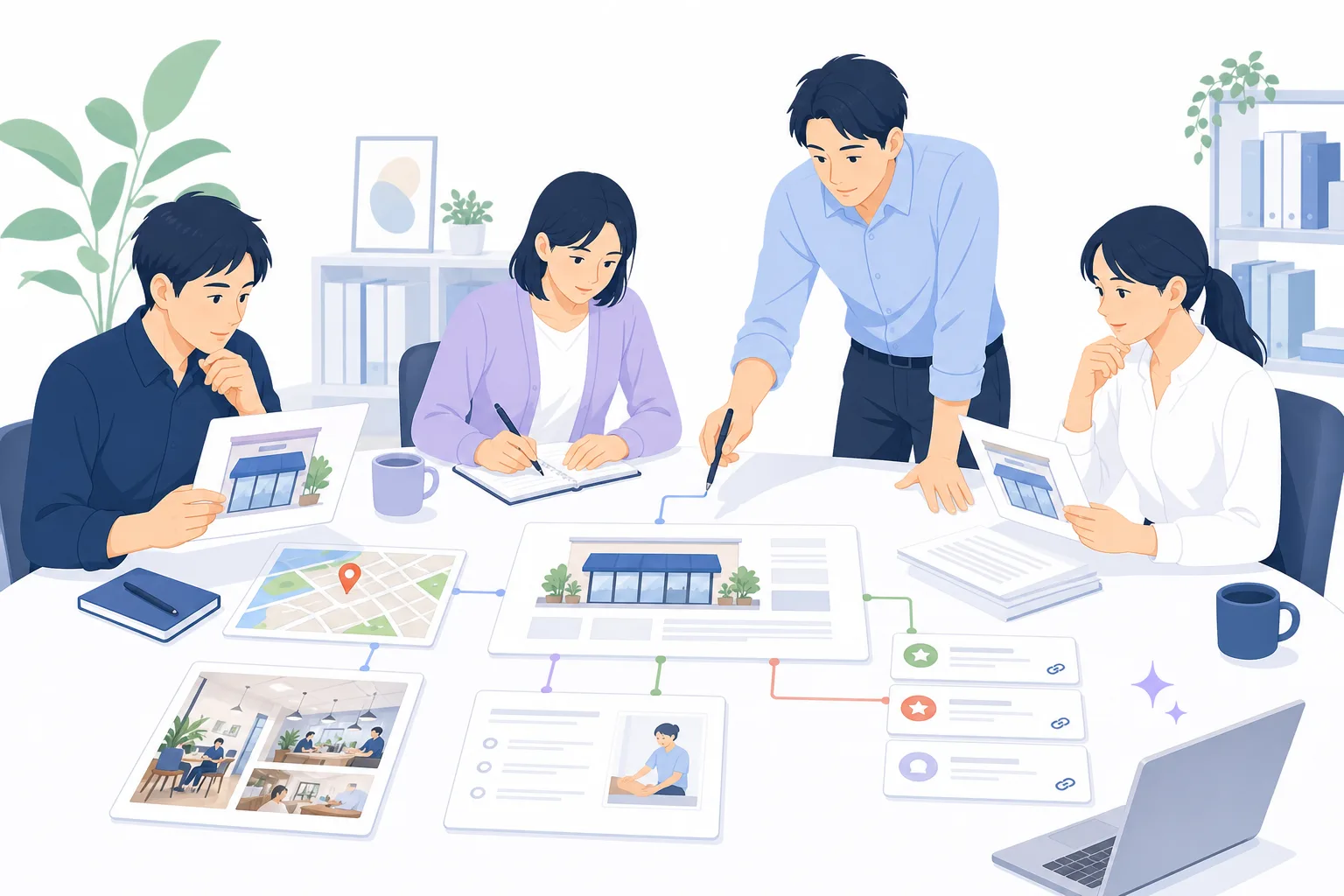 店舗情報や公式資料を整理して信頼できる回答の根拠をまとめる企業チーム