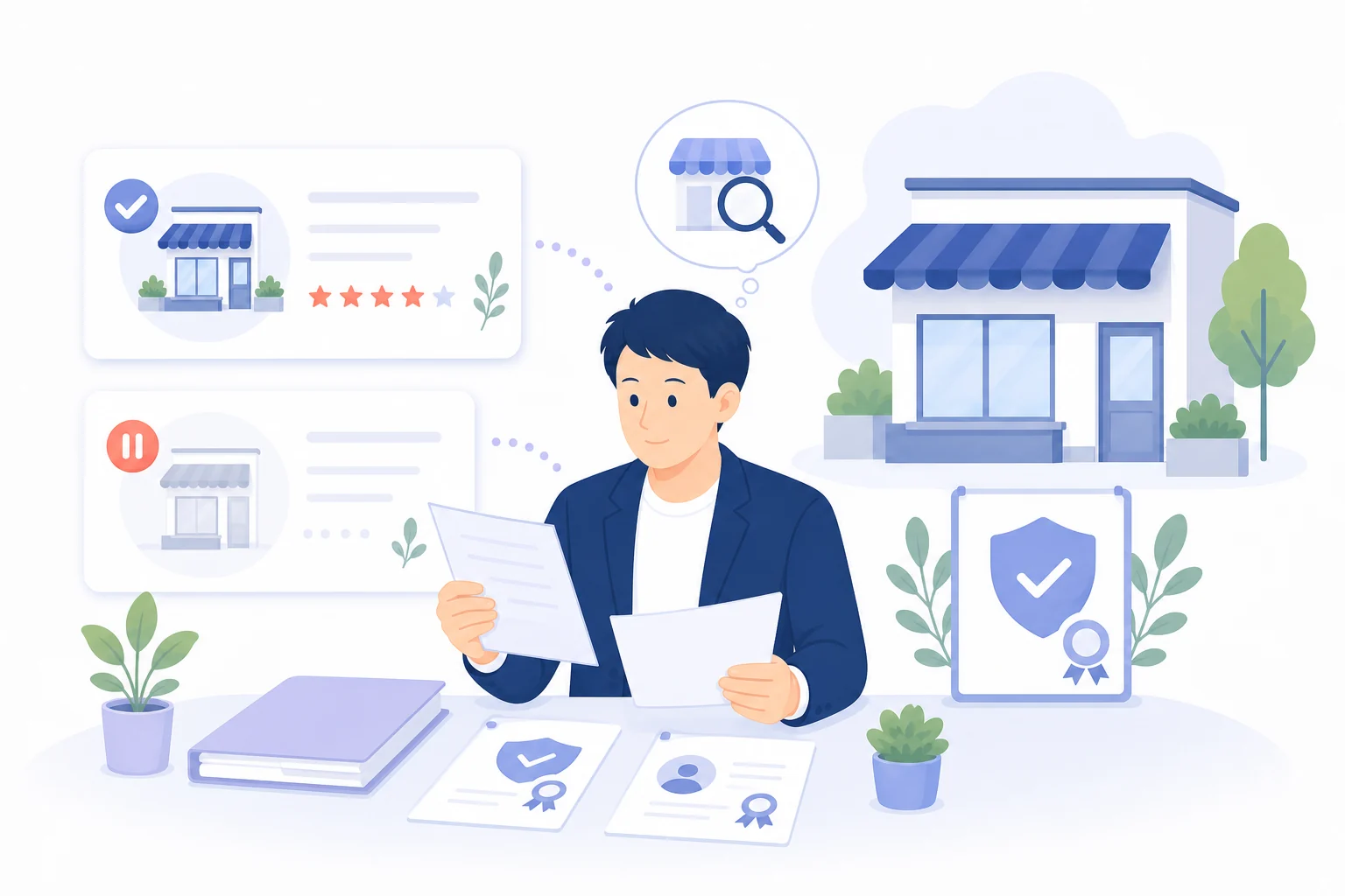 店舗プロフィールの表示状態と管理権限を確認するフラットイラスト