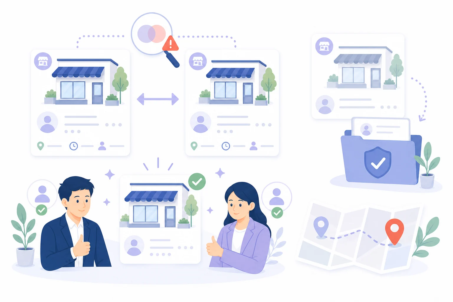 重複プロフィールと移転情報を整理するフラットイラスト