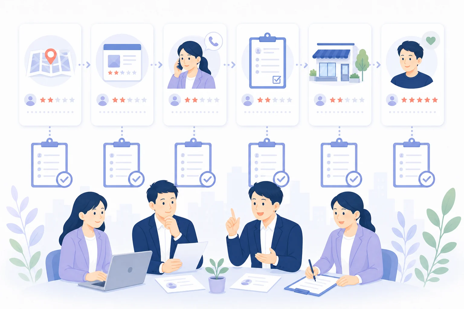 表示から電話・予約・来店までの集客指標を分けて測るフラットイラスト