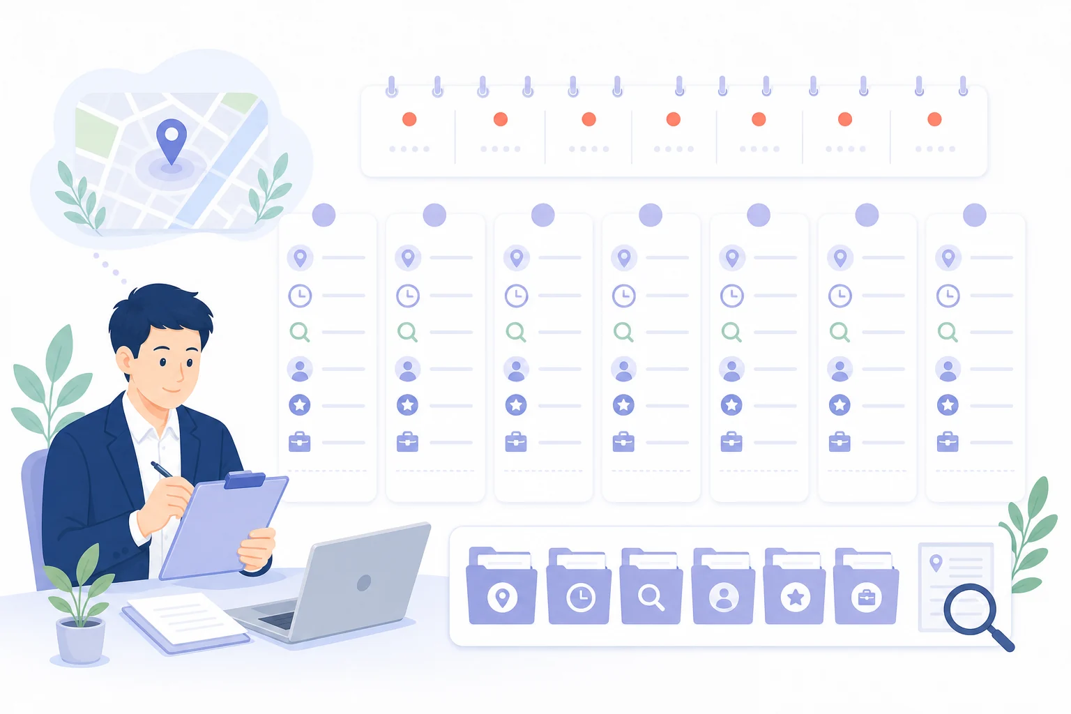 7日間の確認項目を紙のチェック表で記録するフラットイラスト