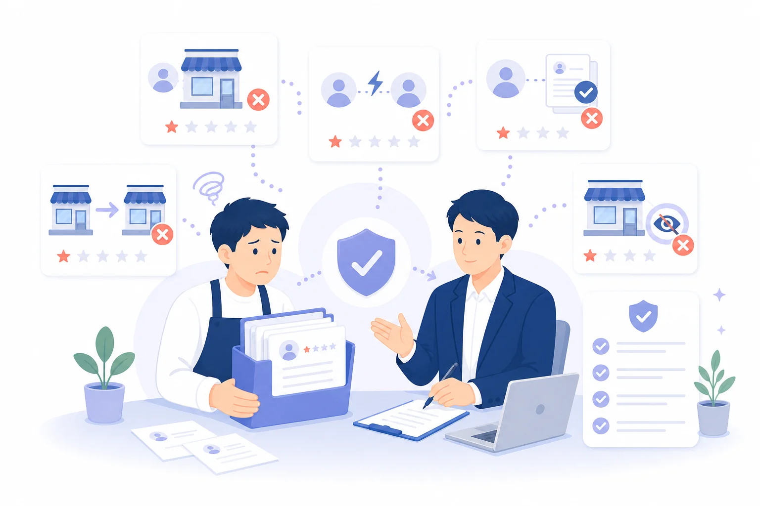 複雑なプロフィール問題を専門家へ相談するフラットイラスト