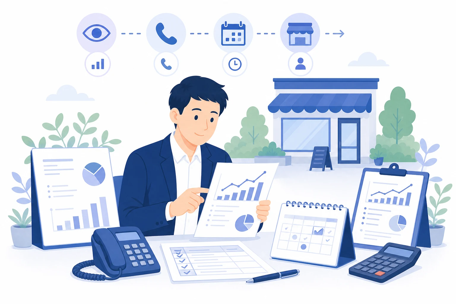店舗担当者が自社運用の時間と作業量を紙の記録で確認する様子
