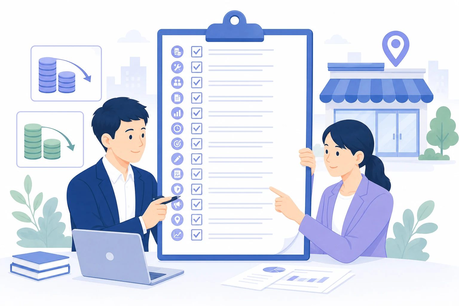 目的と予算に合わせて費用を抑える方法を確認する担当者と支援者
