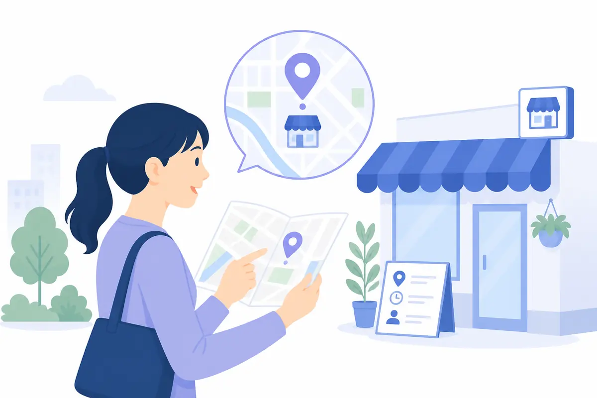 地図を見ながら地域の店舗を探すお客様のイラスト