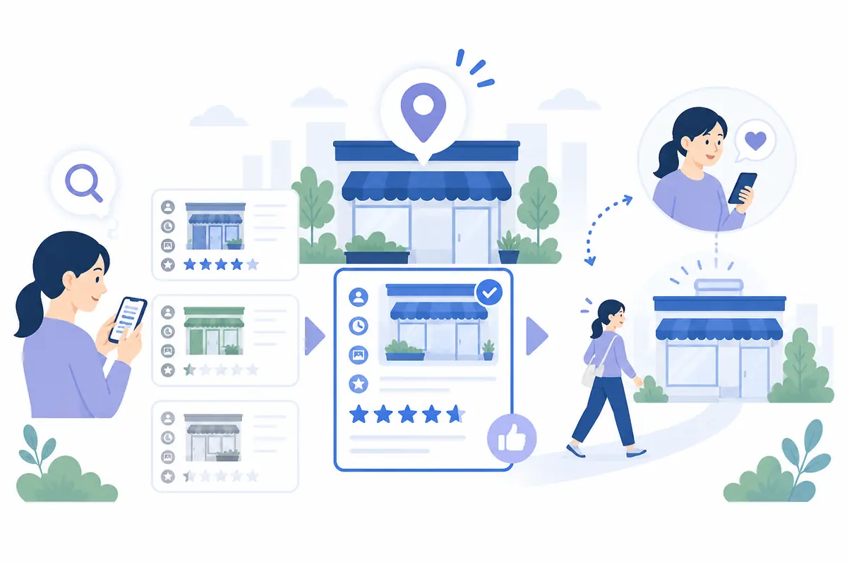 Googleマップから店舗来店につながる流れのイラスト