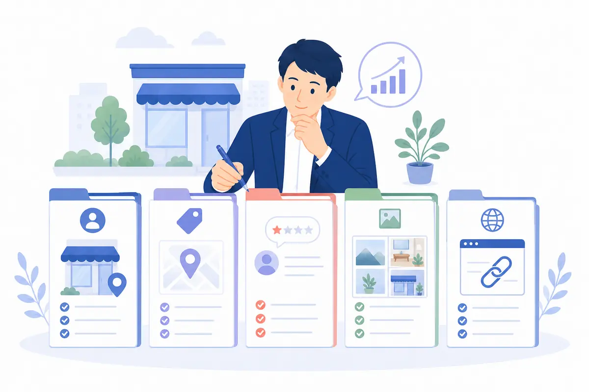 店舗情報を5つの観点で整える担当者のイラスト