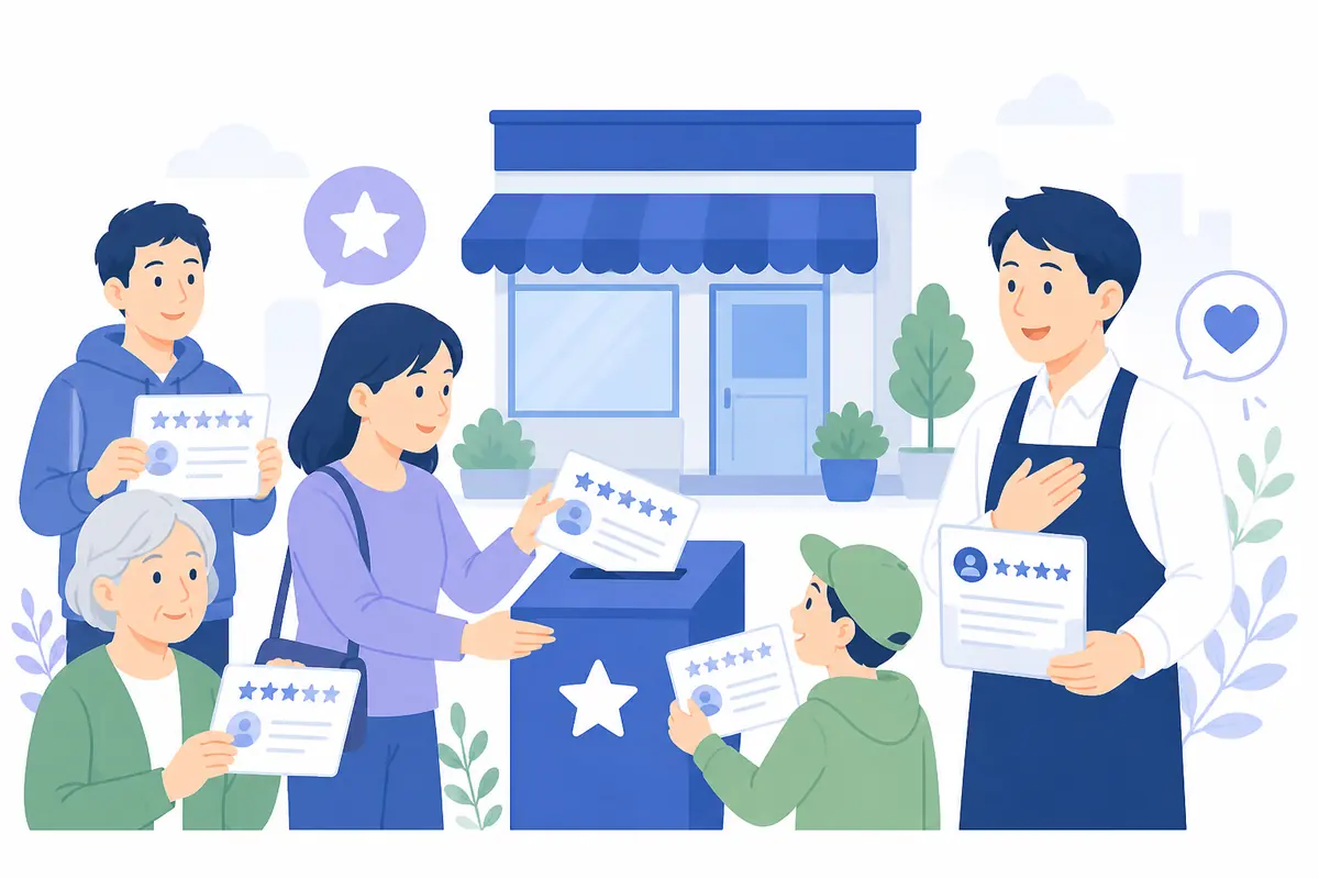 お客様の口コミを集めて返信する店舗のイラスト