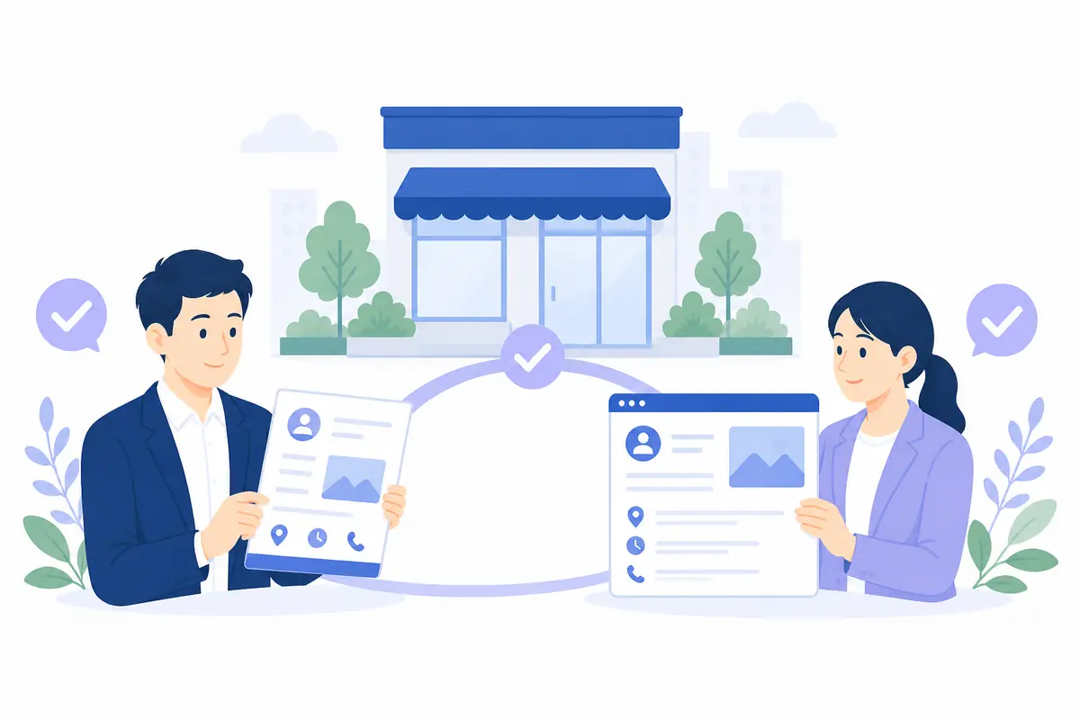 店舗情報とWebサイトの内容をそろえるイラスト