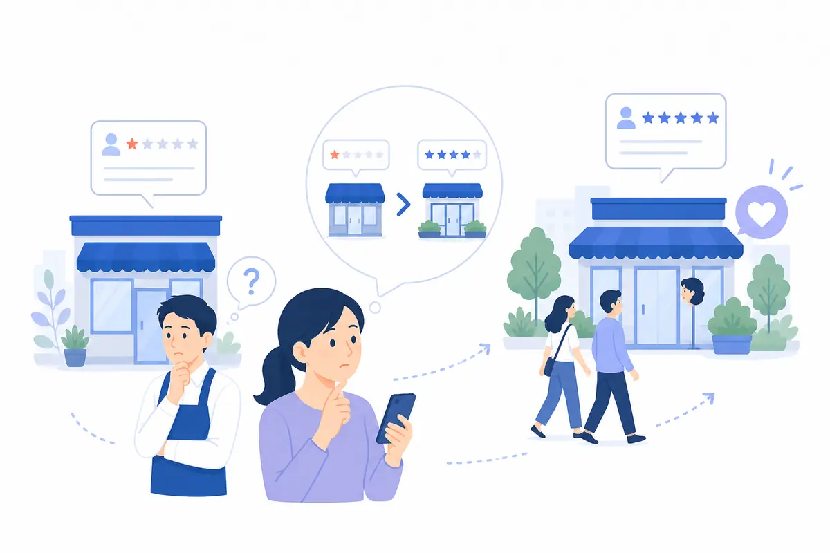 口コミ評価の差で来店先が変わる様子のイラスト