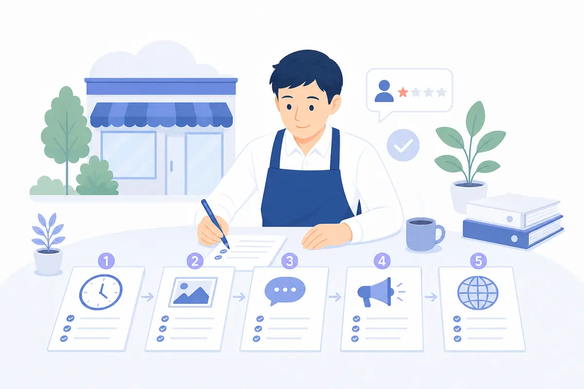 店舗オーナーがMEO運用の手順を実践するイラスト