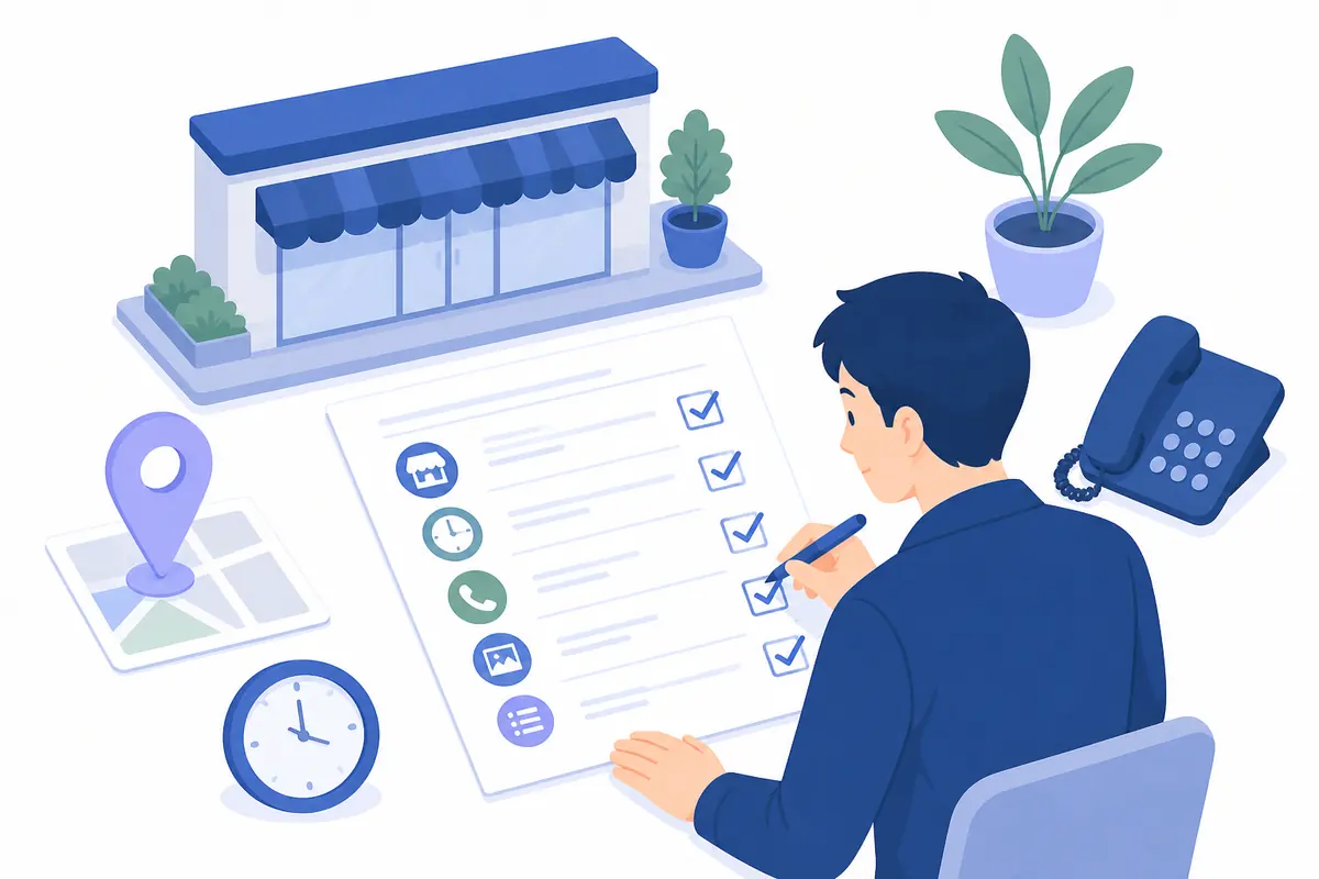 店舗の基本情報をチェックリストに記入するイラスト