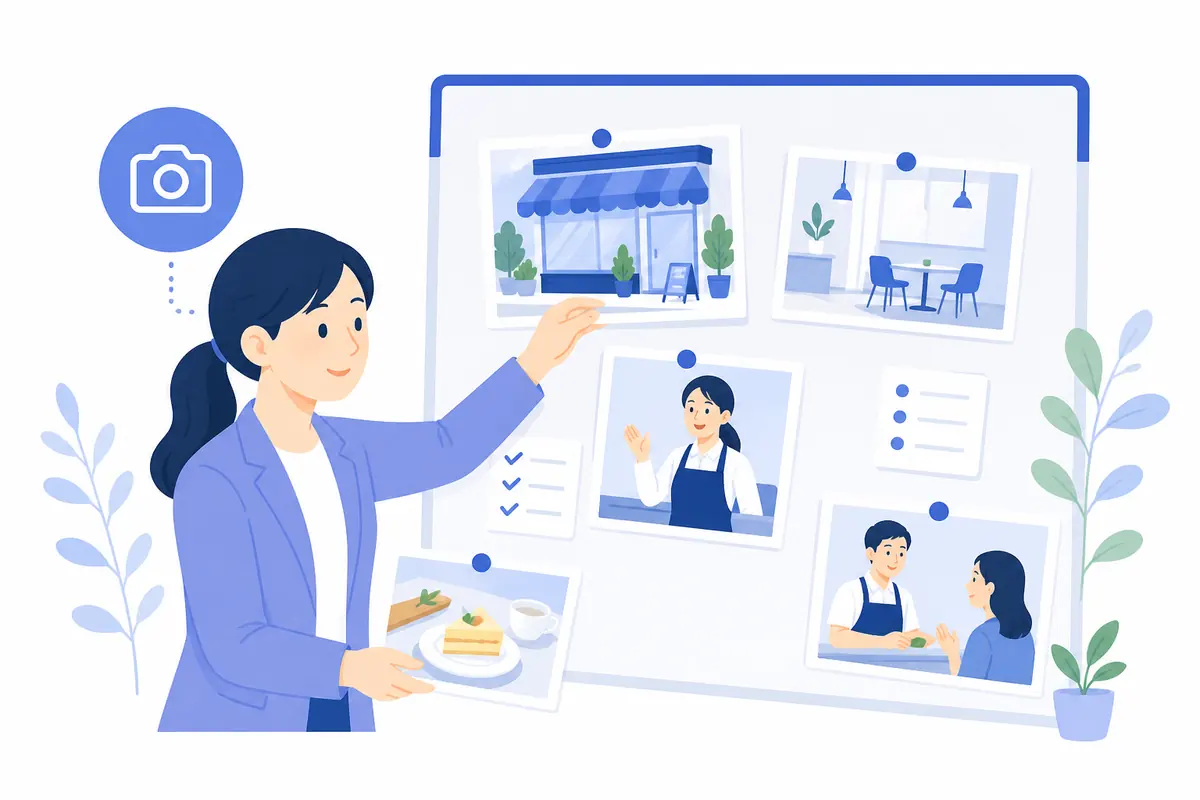 店舗とスタッフの写真を選んで追加するイラスト