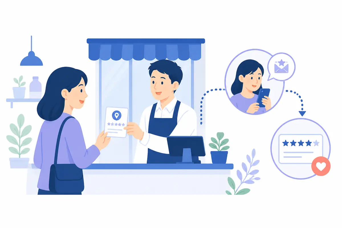 会計時にお客様へ口コミ案内を渡すイラスト