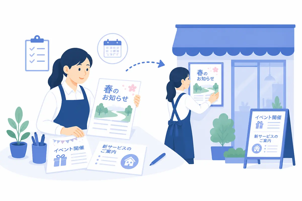 季節のお知らせや新サービス情報を準備するイラスト