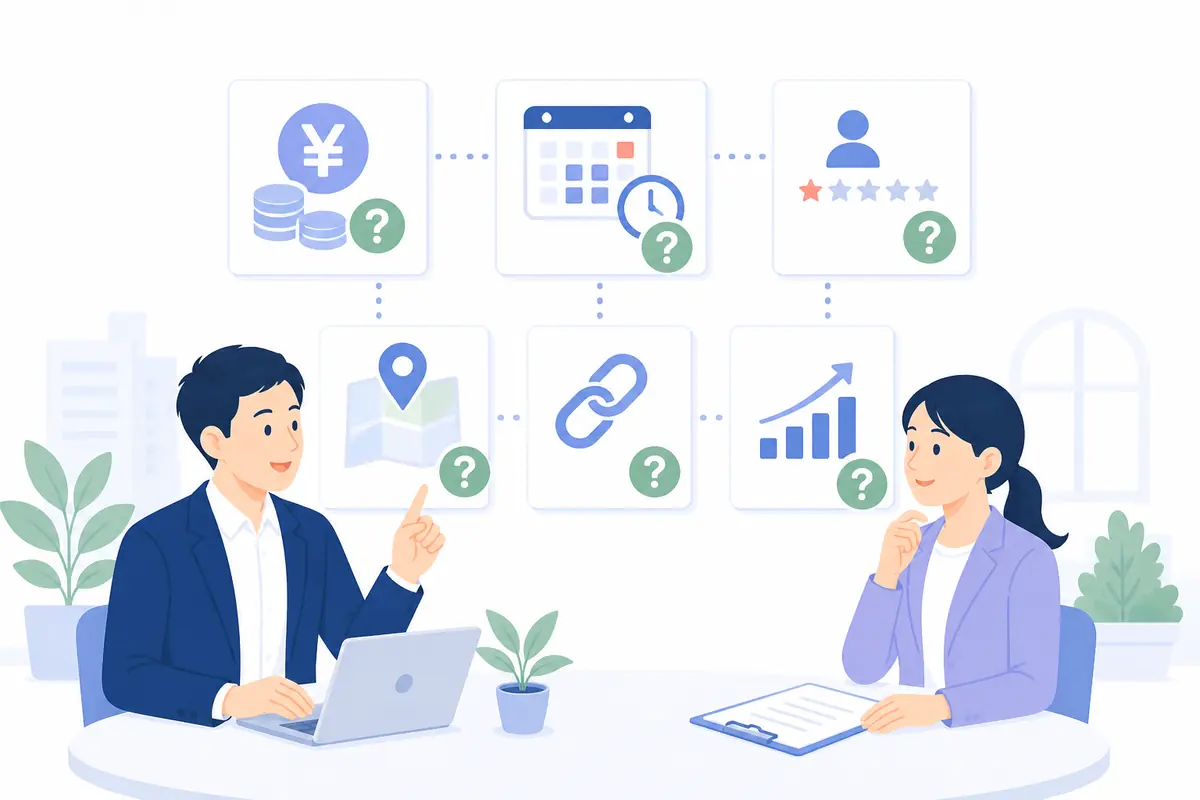 MEO業者の契約条件を比較検討するイラスト