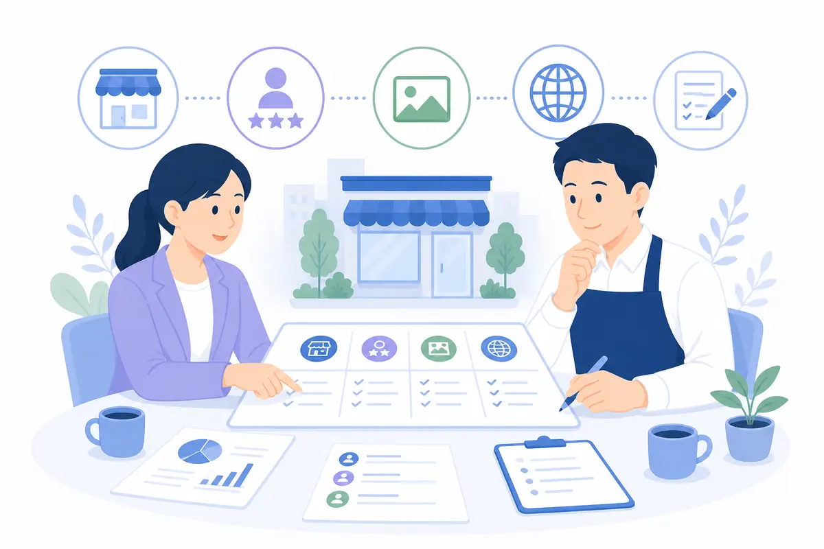 店舗担当者と運用計画を整理する支援担当者のイラスト