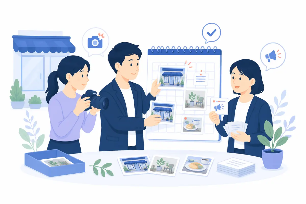 写真と投稿を月間計画にまとめるチームのイラスト