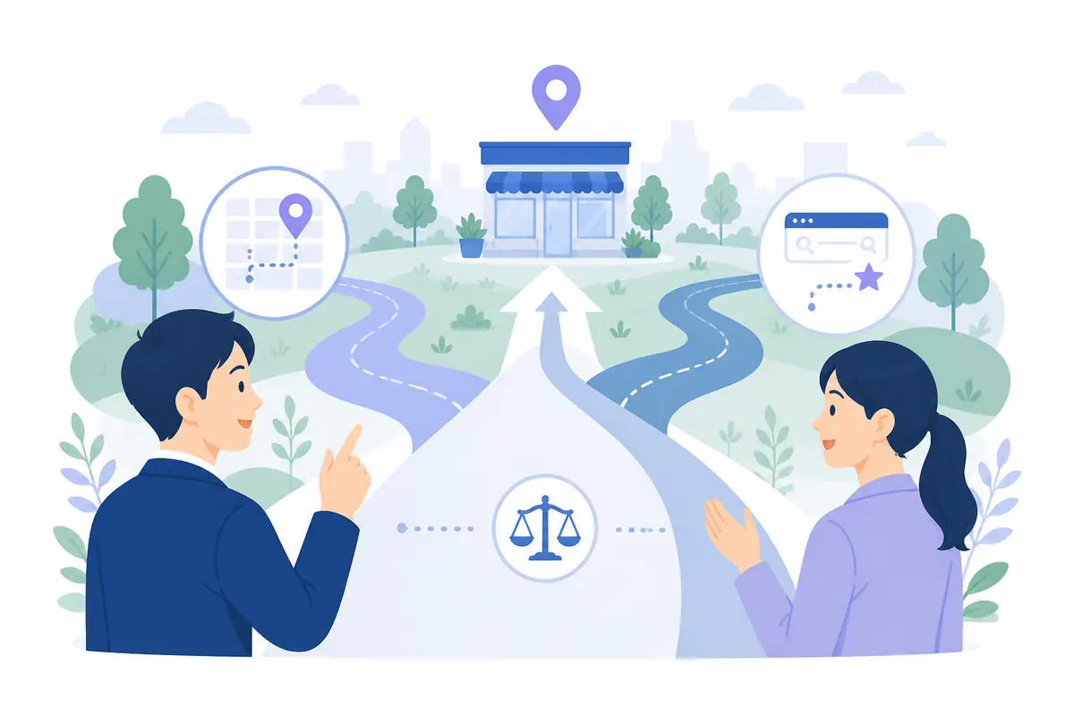SEOとMEOの二つの経路を店舗集客へつなぐイラスト