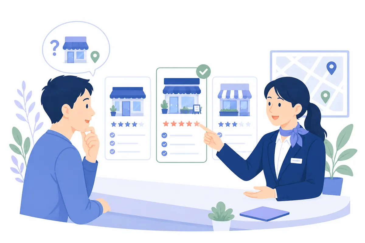 会話しながら条件に合う地域の店舗を選ぶイラスト