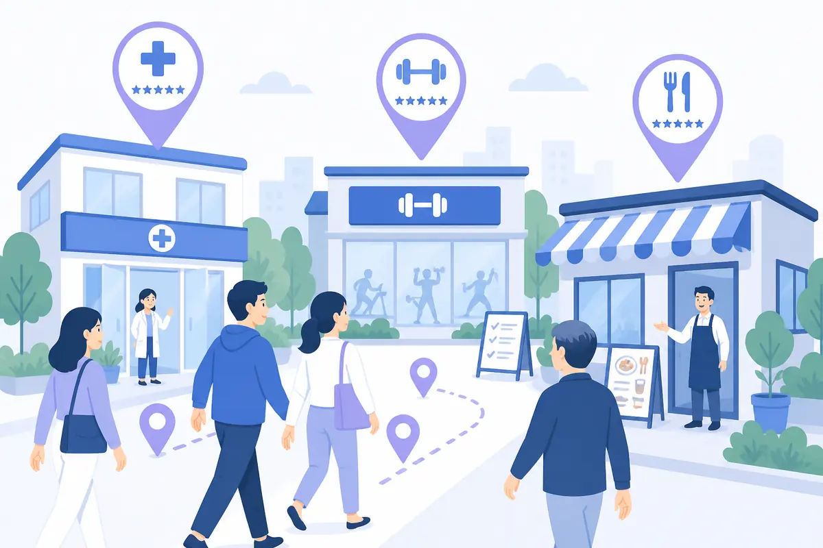 地域のお客様が店舗を探して来店するイラスト