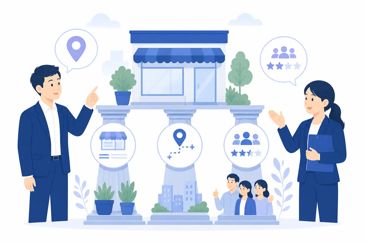 関連性と距離と知名度が店舗評価を支えるイラスト