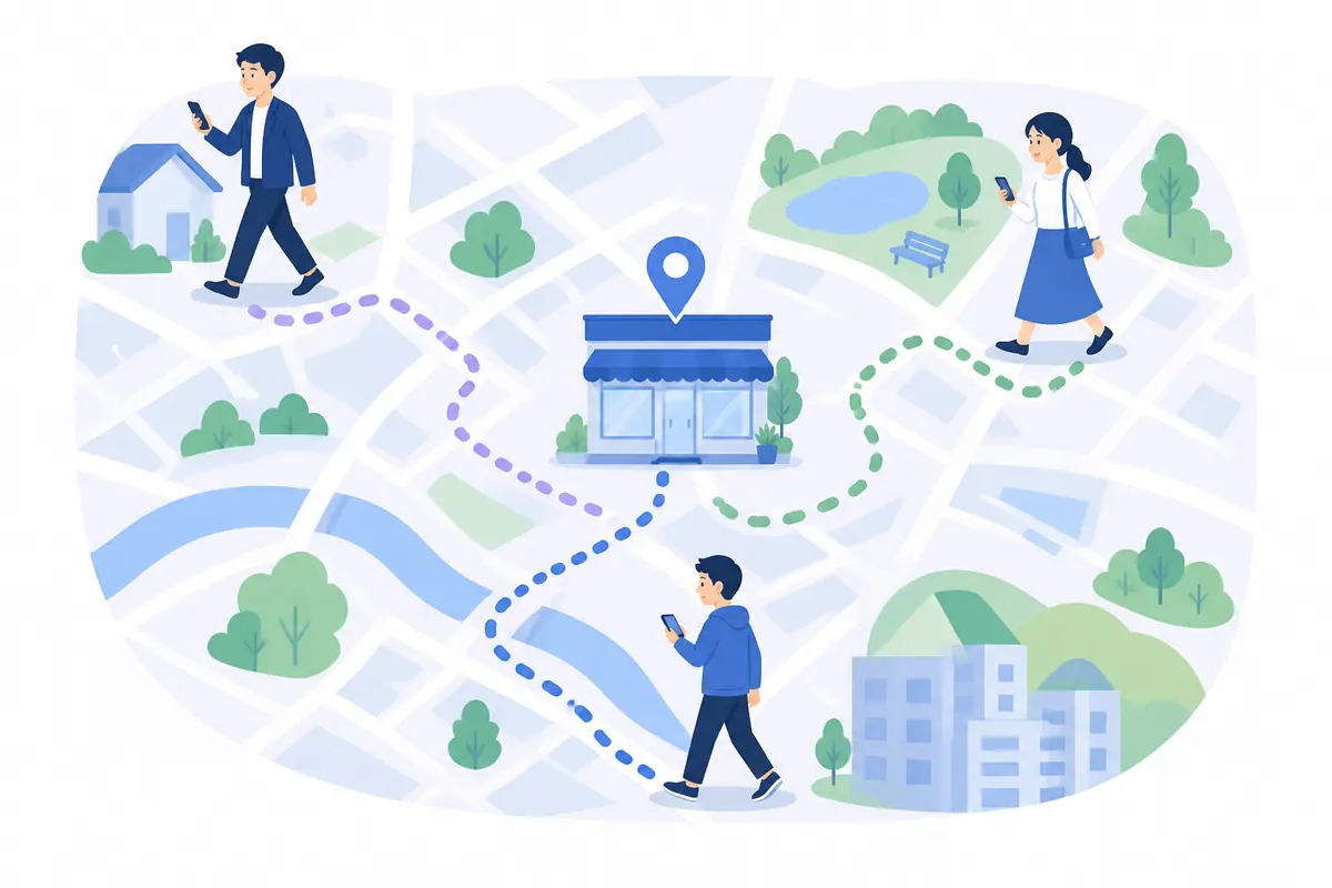 現在地によって店舗までの距離が変わるイラスト