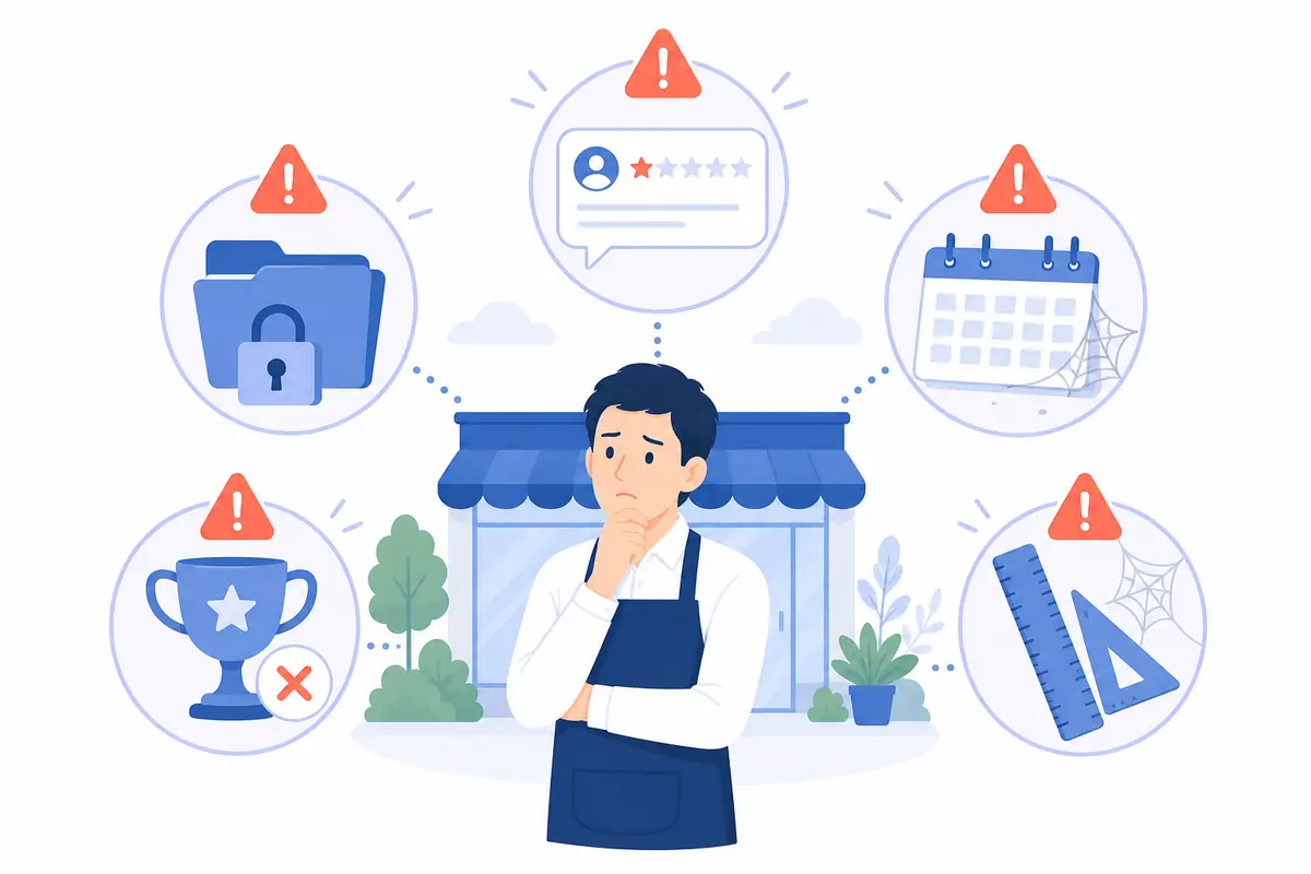 MEO運用で避けるべき5つの失敗を示すイラスト