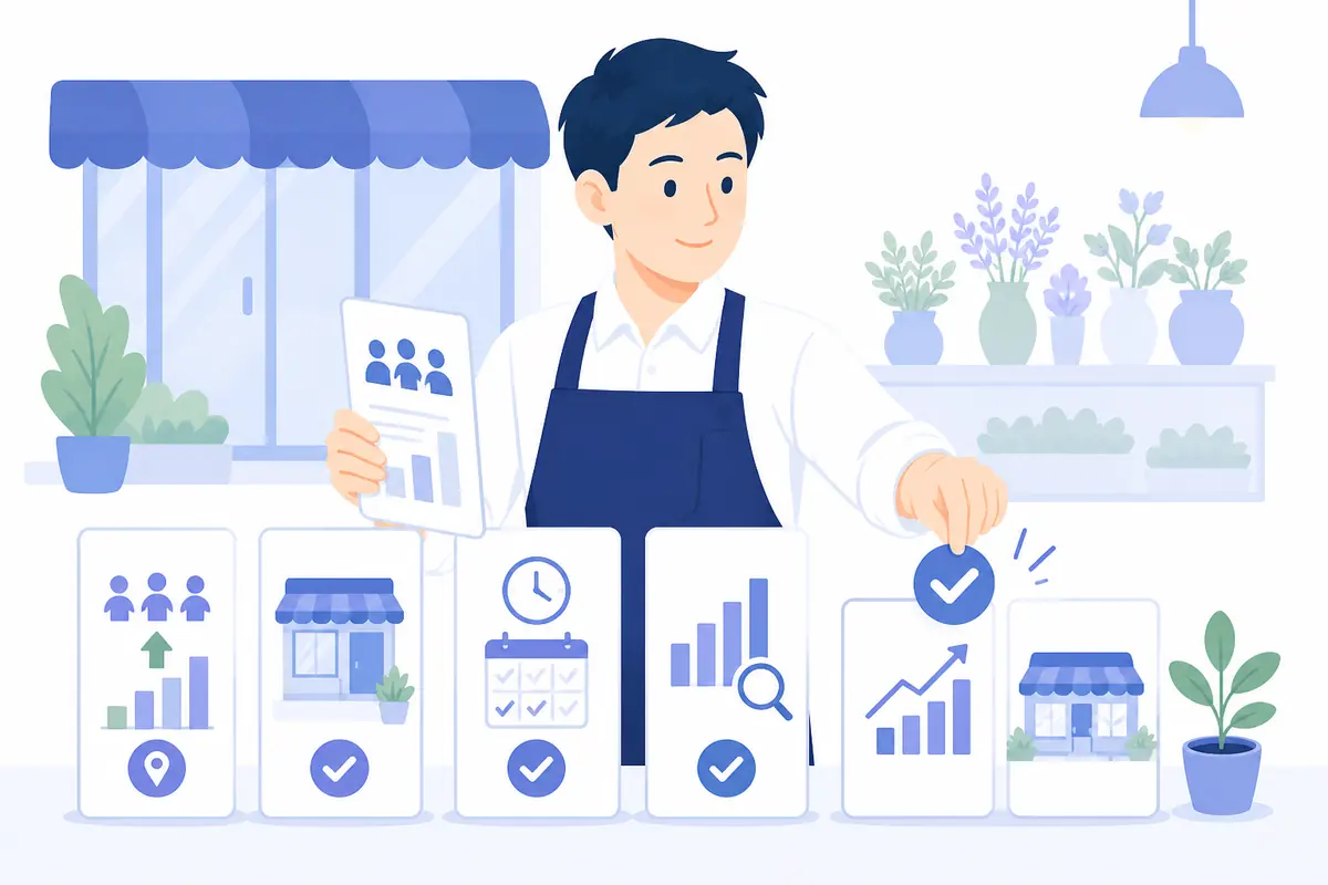 店舗オーナーがMEOに取り組む条件を確認するイラスト