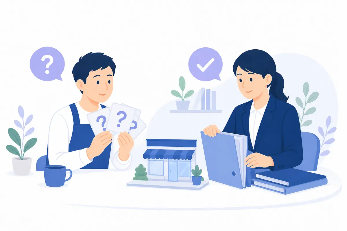 店舗オーナーがMEOの疑問を専門家へ相談するイラスト