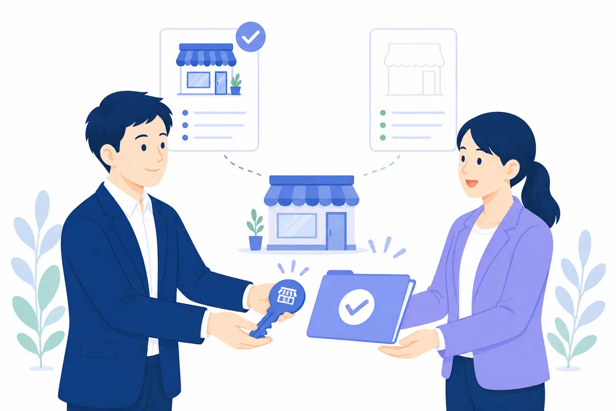店舗情報の登録と管理権限を引き継ぐイラスト