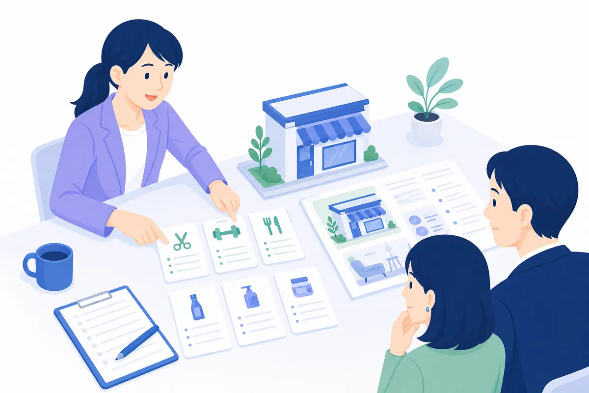店舗のサービスや商品情報を整理するイラスト