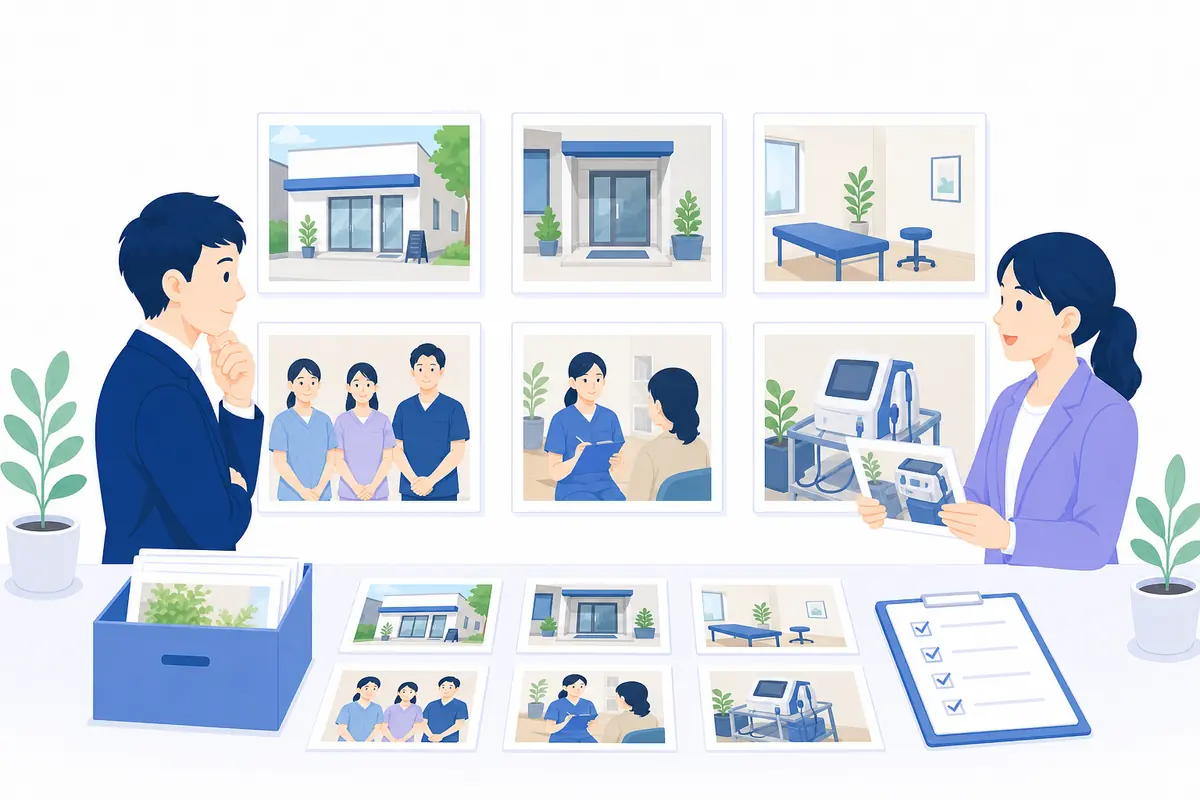店舗の外観や内観とサービス写真を選ぶイラスト