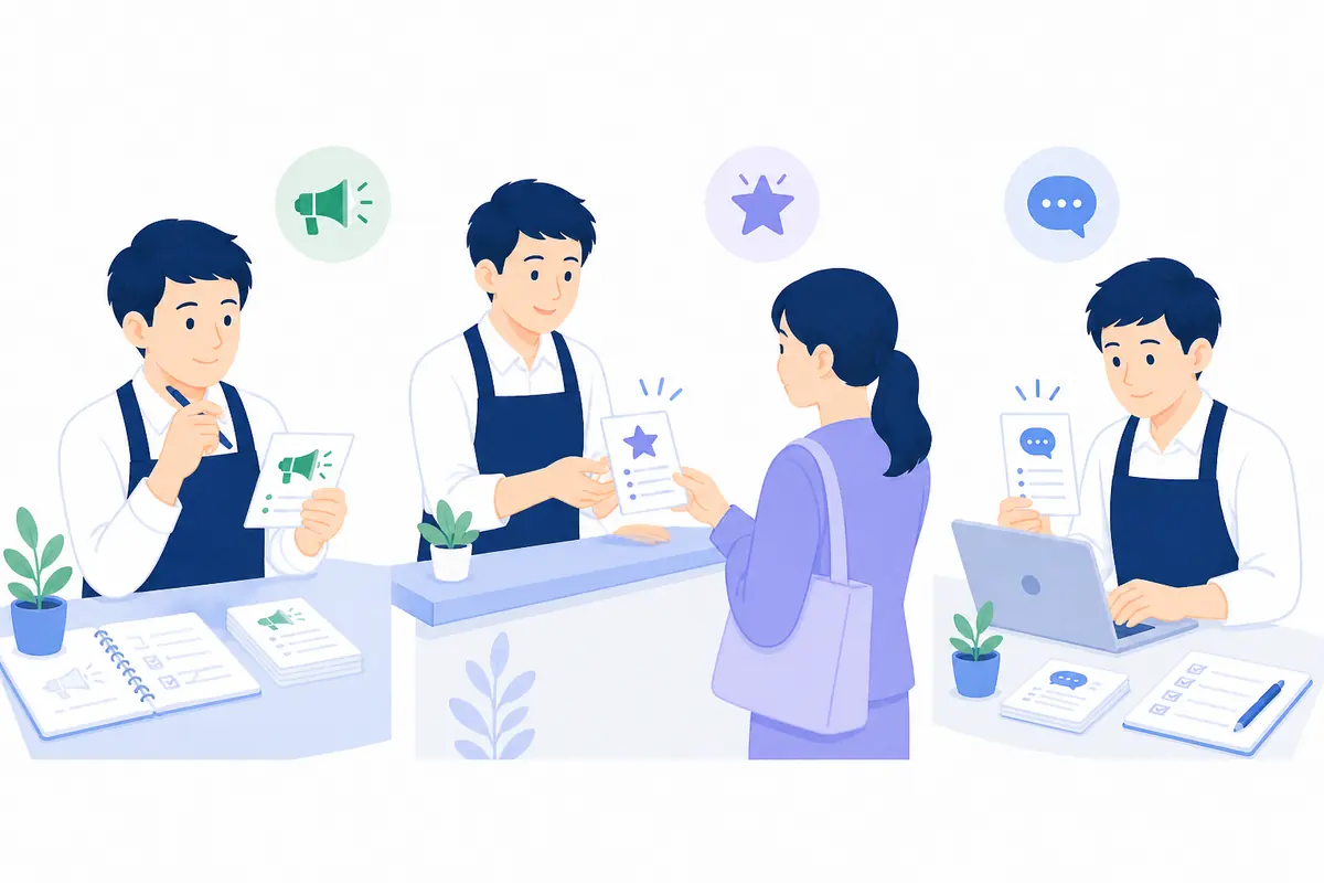 店舗の投稿と口コミ依頼と返信を運用するイラスト