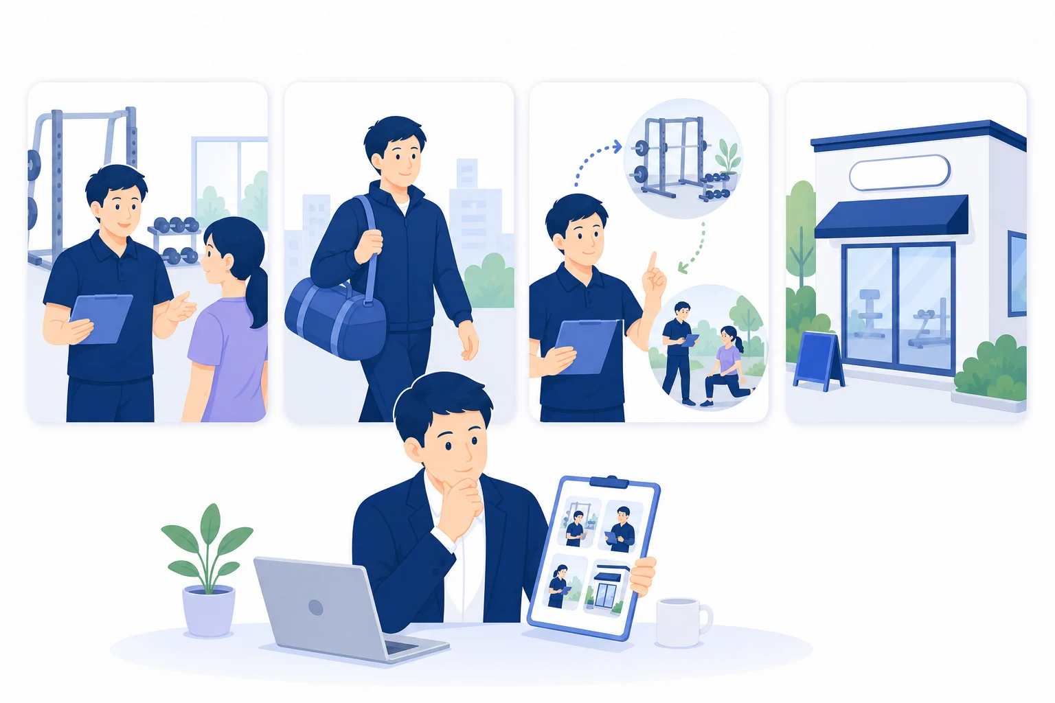店舗型・出張型・ハイブリッド型・レンタルジムの営業形態を整理するフラットイラスト