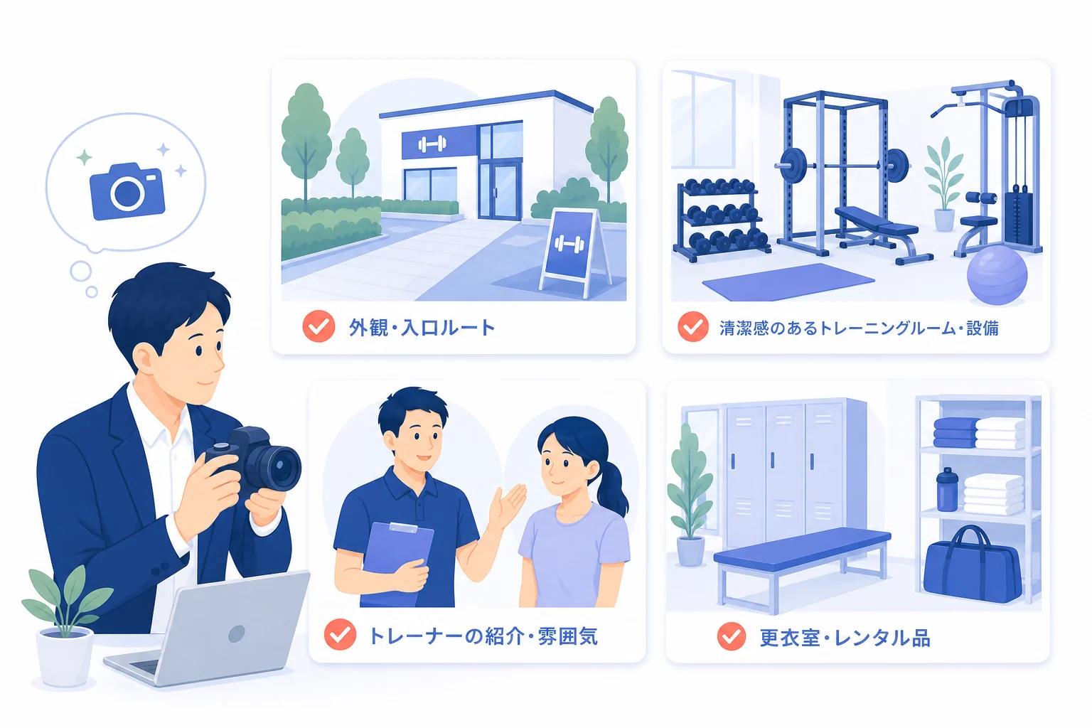 店舗動線・トレーニング設備・トレーナー・貸出品を伝えるフラットイラスト