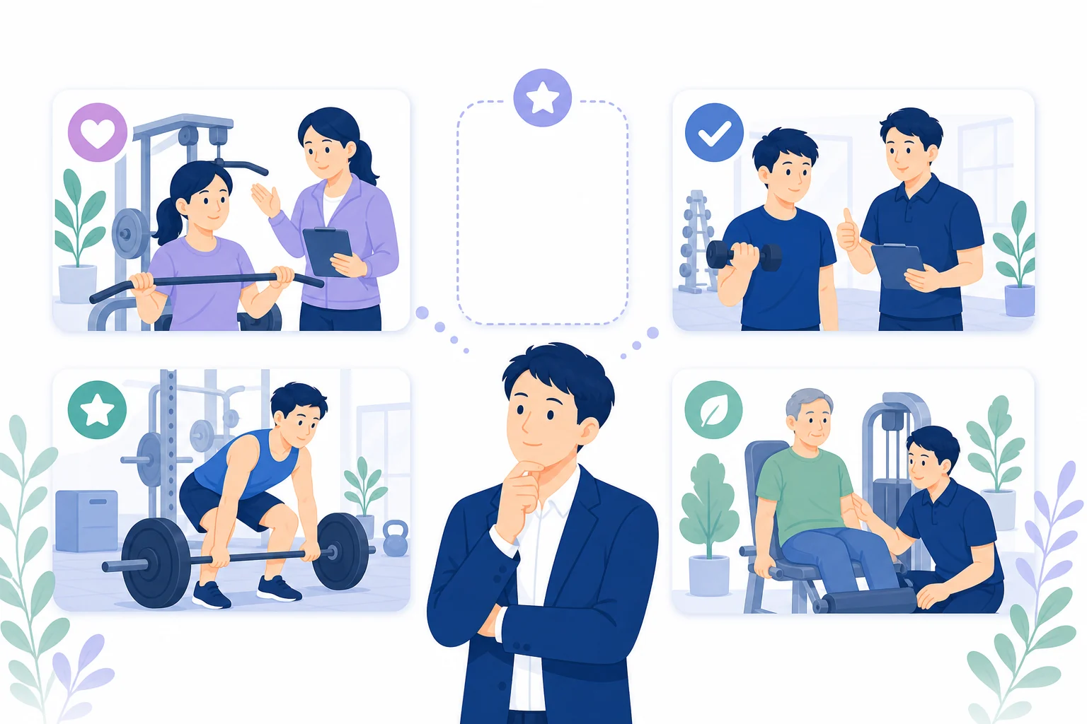 利用者が複数のパーソナルジムを比較して自分に合う特徴を選ぶフラットイラスト