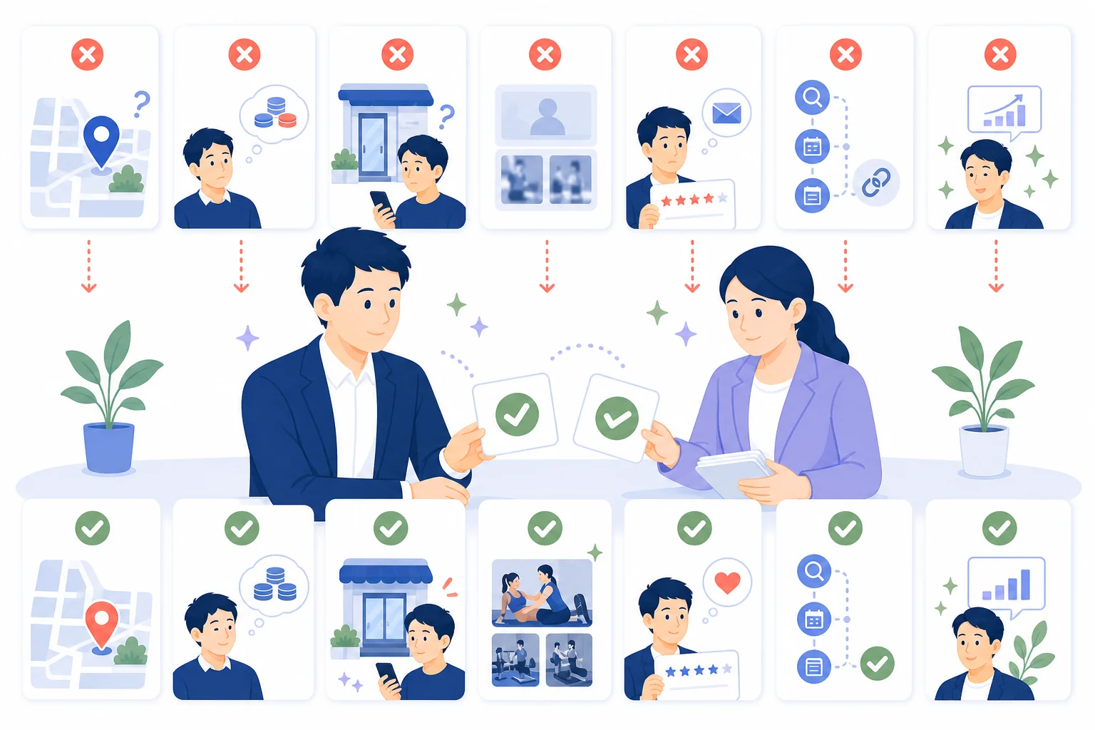 不透明な料金や誇大な保証を避けて誠実に案内するフラットイラスト