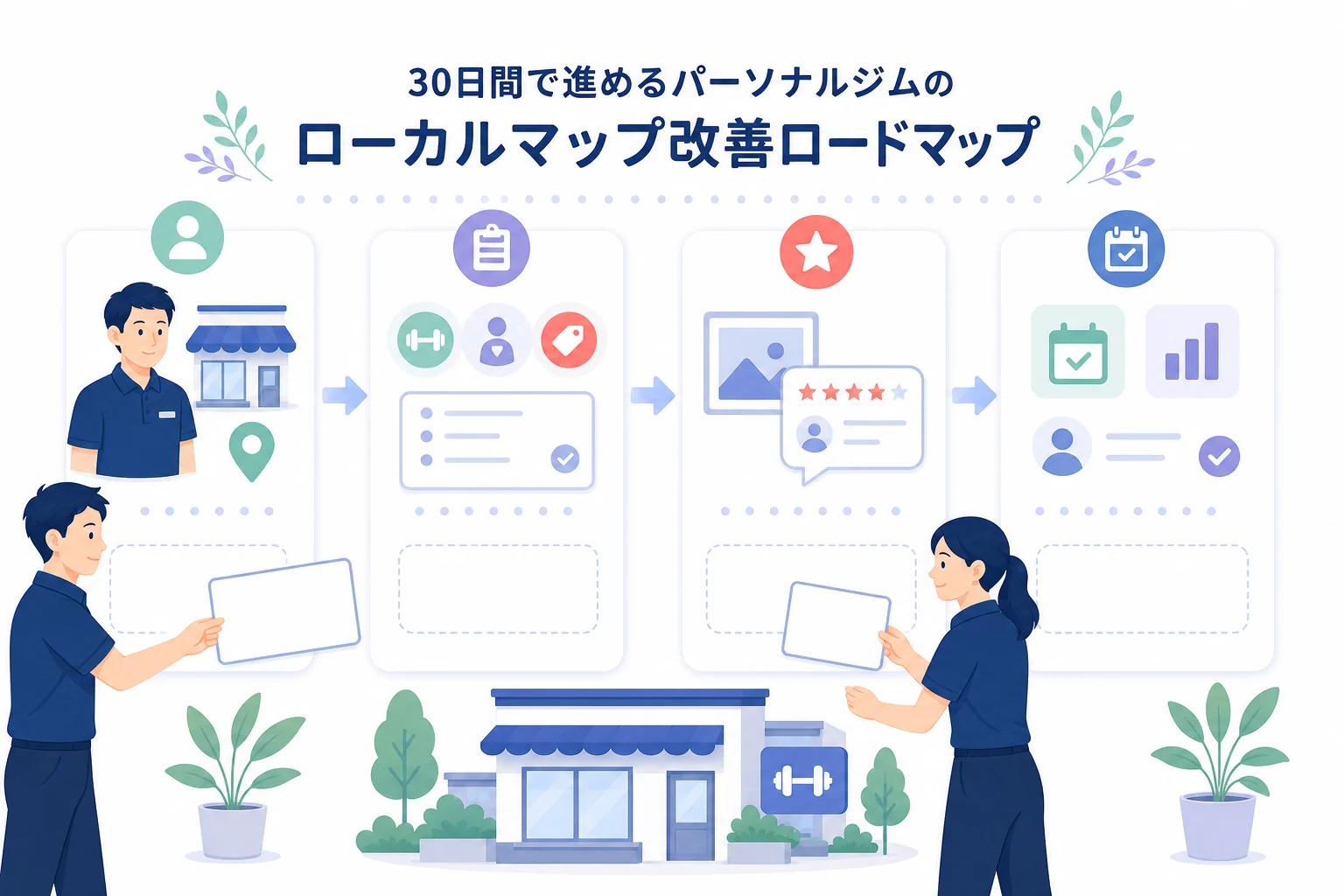 店舗情報の整備から体験予約と計測までを順に進めるフラットイラスト