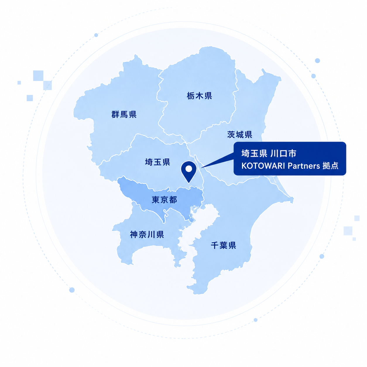 KOTOWARI Partnersの対応エリア。関東1都6県（東京都・埼玉県・千葉県・神奈川県・茨城県・栃木県・群馬県）。拠点は埼玉県川口市。