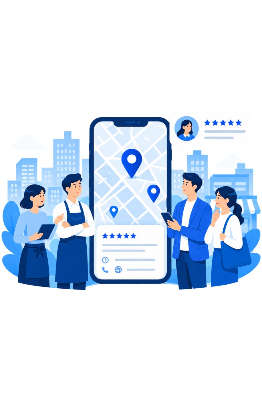 スマートフォンの地図を囲む店舗スタッフと利用者