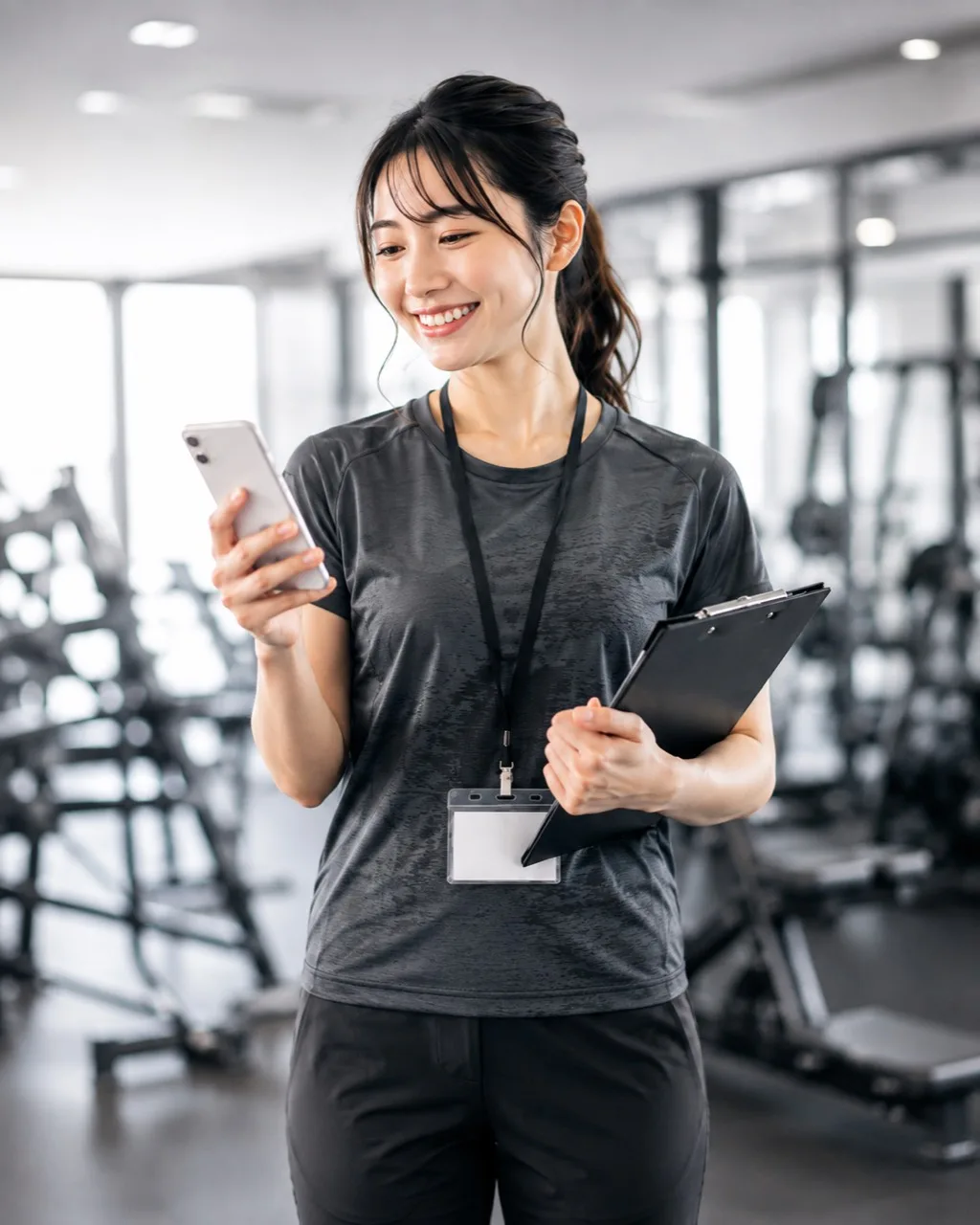 スマートフォンを確認するスポーツ施設の女性スタッフ