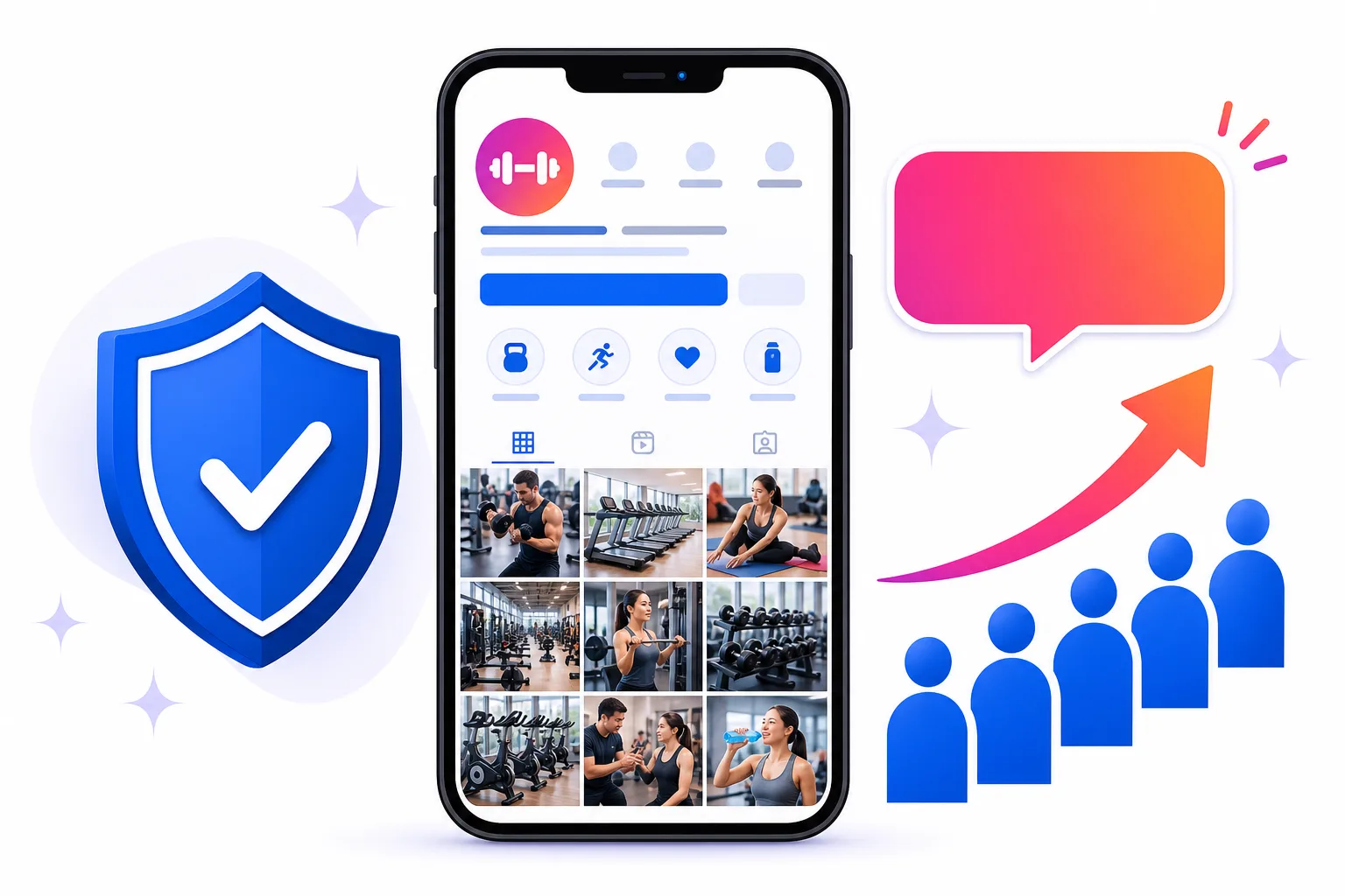信頼性を示すスポーツジムのInstagramプロフィールと、増加するフォロワーのイメージ