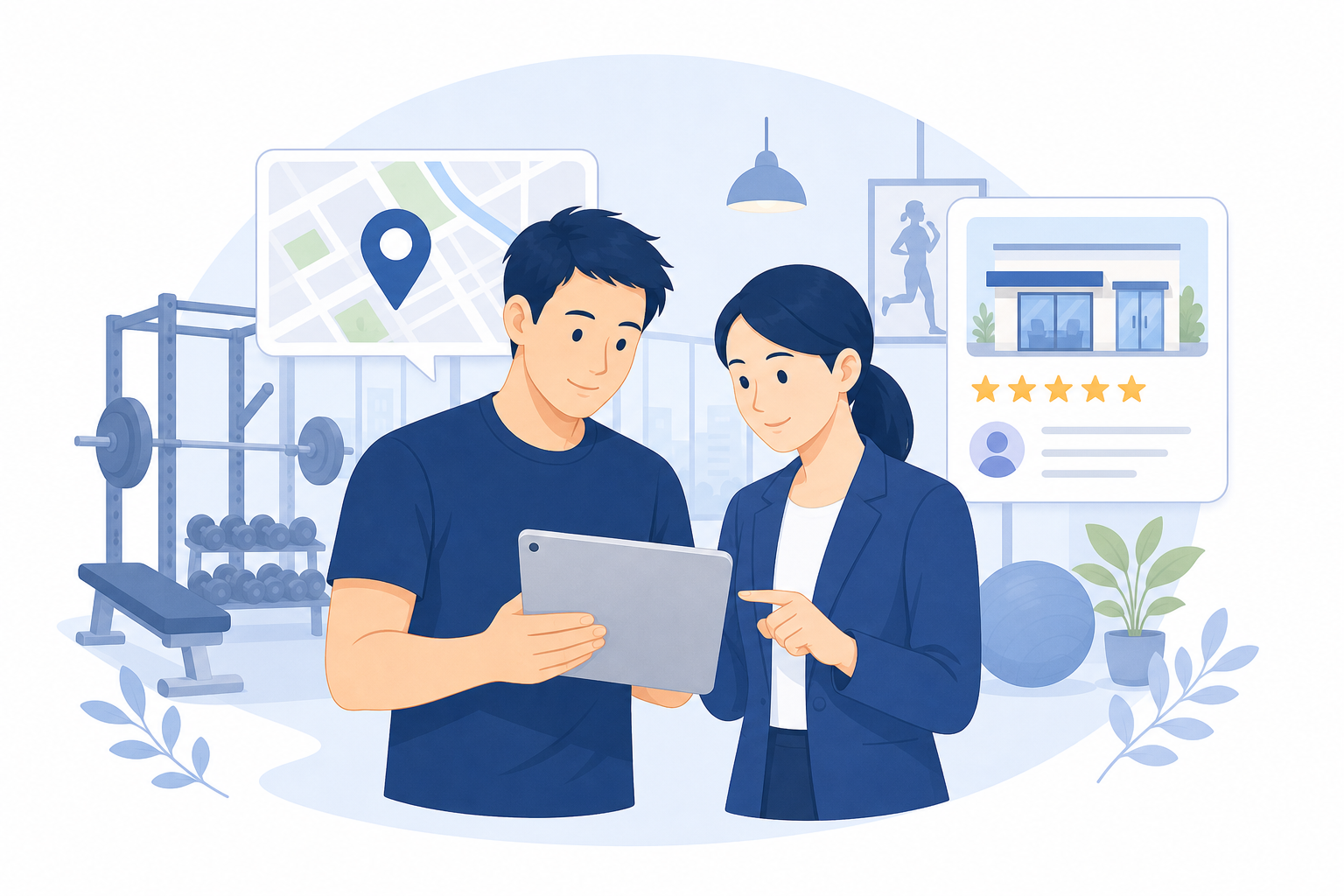 パーソナルジムのオーナーと担当者がGoogleマップの店舗情報と口コミを確認する様子