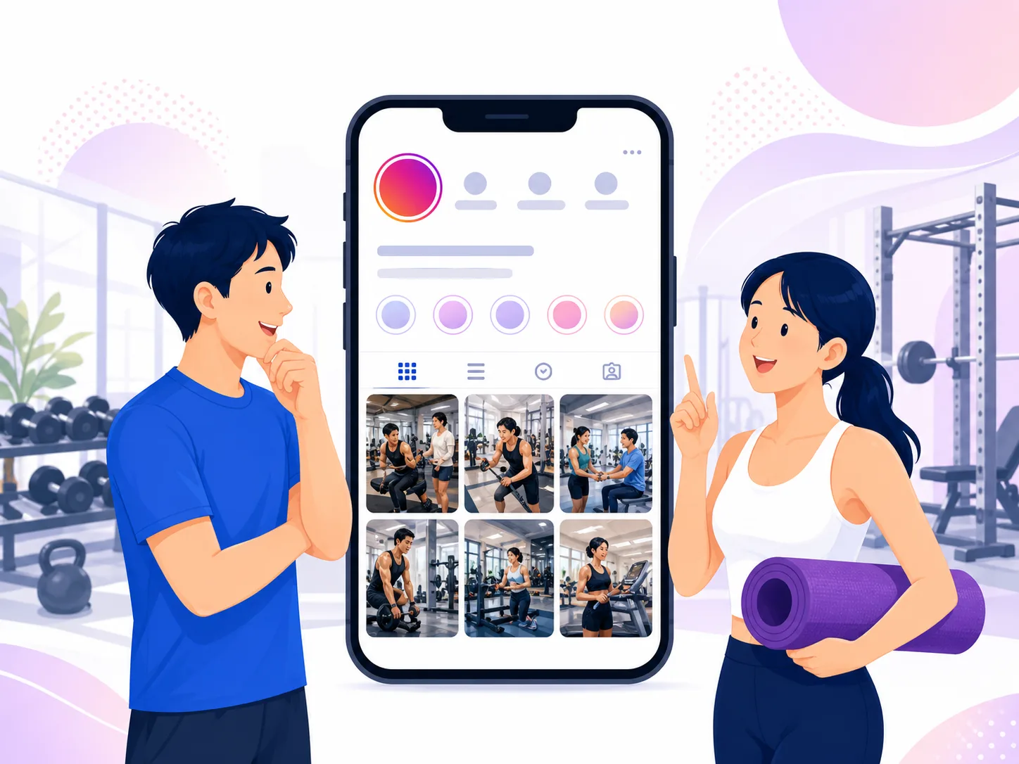 Instagramプロフィールを確認するスポーツ施設の利用者とトレーナー