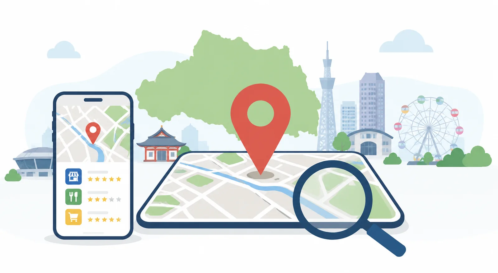 埼玉県の地図とスマートフォンの店舗検索画面