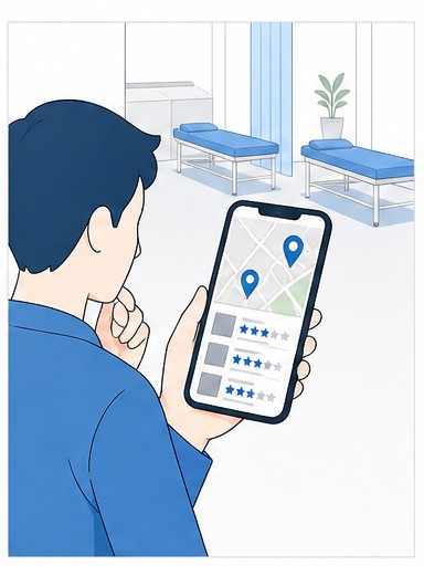 患者がスマートフォンで整骨院を比較するイラスト
